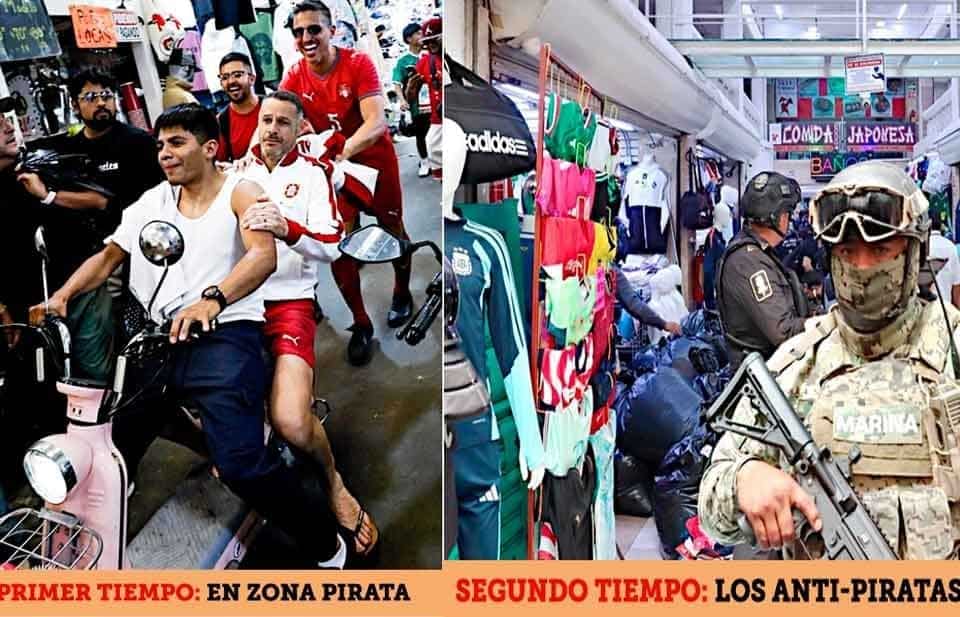 Juegan Mundial en Tepito Integrantes de Leyendas de Portugal mientras agentes federales decomisan 20 mil kilos de ropa pirata de la FIFA