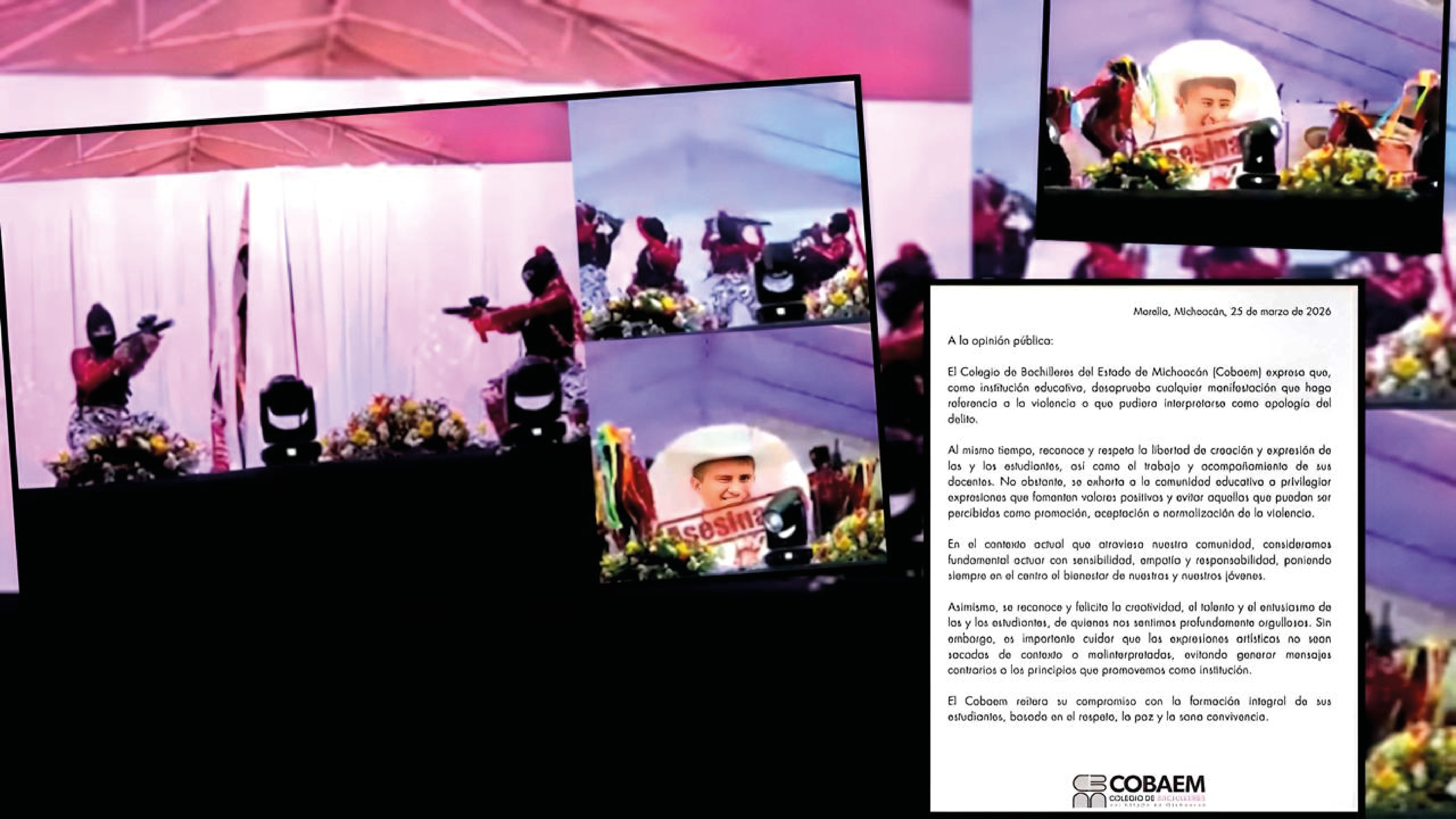 Polémica en Michoacán: estudiantes de Cobaem bailan con armas falsas y fotografías de alcaldes asesinados